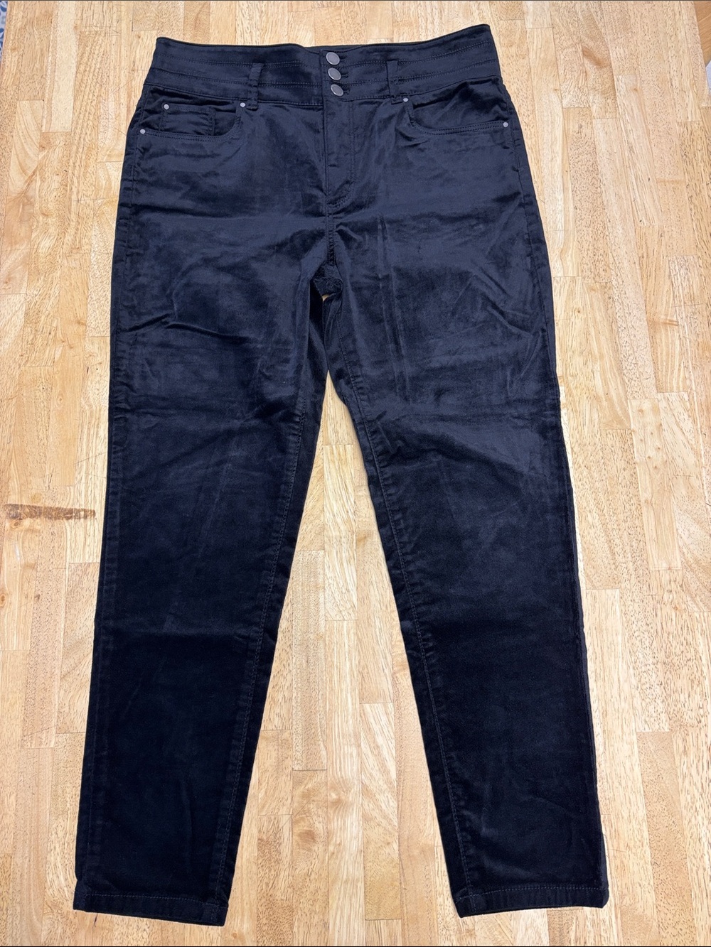 Ann Taylor Petite Velvet Skinny Pants Black High Rise 3-Button Ankle Sz 12P EUC